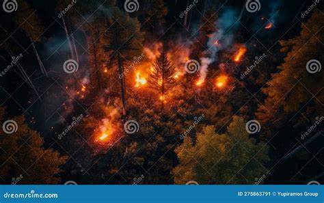 Glowing Bonfire Illuminates Dark Forest Providing Warmth And