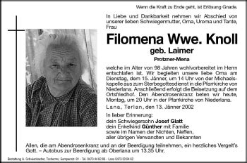 Traueranzeigen Von Filomena Knoll Trauer Bz