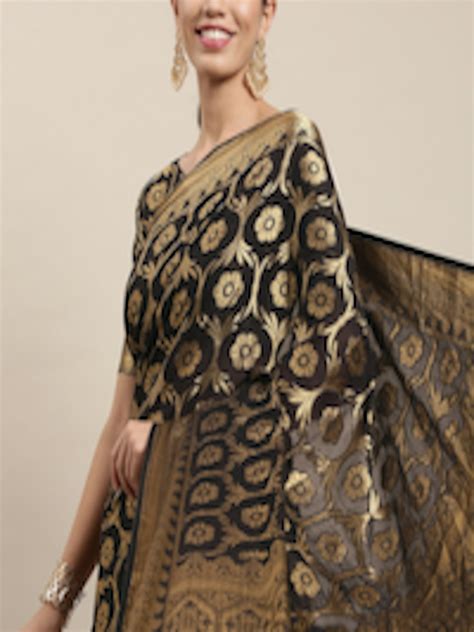 Buy Mitera Black Gold Ethnic Motifs Zari Silk Blend Saree Sarees