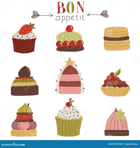 Bon Appetit Set Of Cute Cakes And Pies Stock Vector Illustration Of