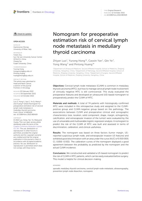 Pdf Nomogram For Preoperative Estimation Risk Of Cervical Lymph Node