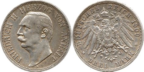 Herzogtum Anhalt 3 Mark 1909 GOTT MIT UNS 1909 1911 FRIEDRICH II