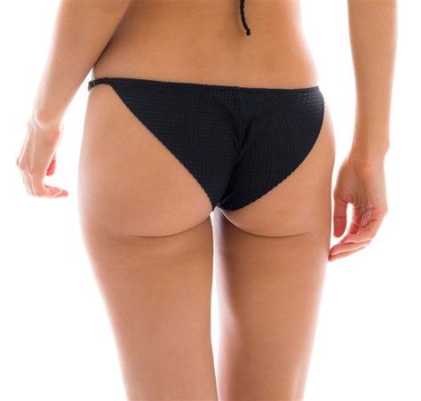 Adjustable Black Textured Cheeky Bikini Bottom Bottom Cloque Preto