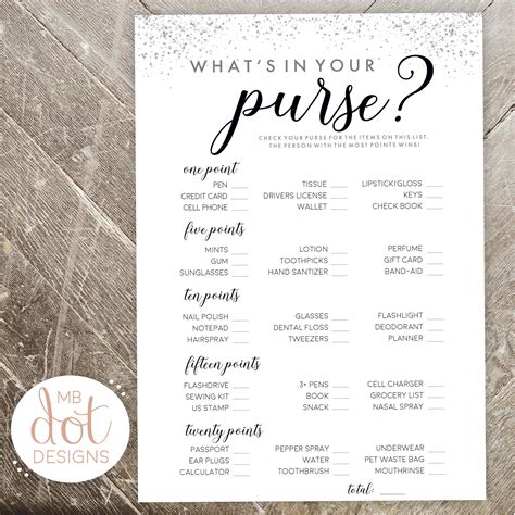 What S In Your Purse 5x7 Bridal Shower Game Print Wedding Shower