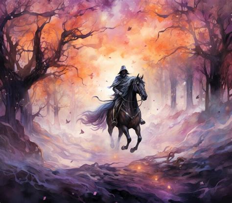 Premium Photo Painting Of A Man Riding A Horse Through A Forest With