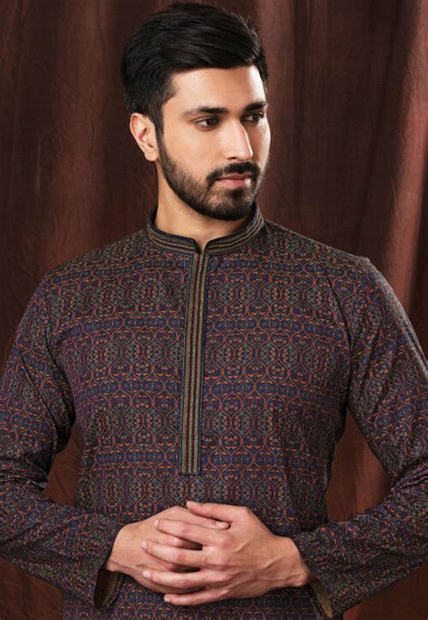 Digital Printed Cotton Kurta Set In Navy Blue MMS1893