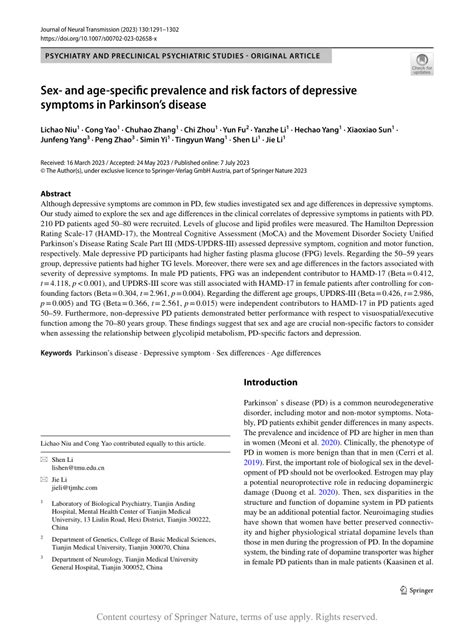 Sex And Age Specific Prevalence And Risk Factors Of Depressive Symptoms In Parkinson’s Disease