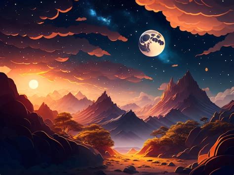 Premium AI Image | A painting of a landscape with mountains and the moon and the moon.