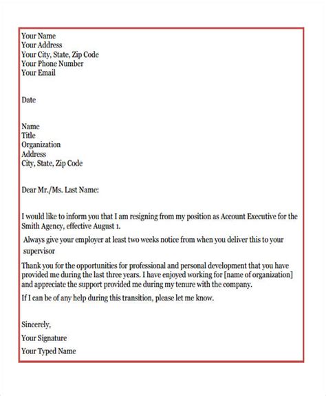 Two Weeks Notice Letter Template Free