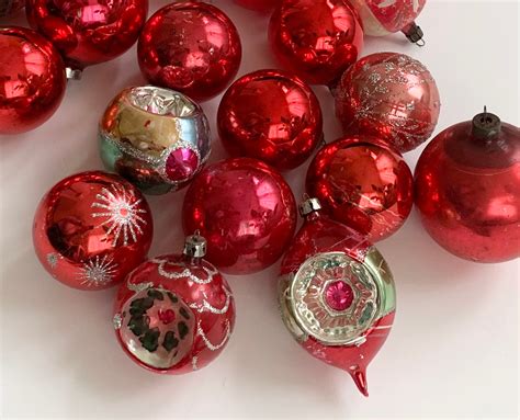 Vintage Red Glass Ornaments Mixed Lot Of 37 Red Silver Tone Christmas Tree Decor Shiny Brite Usa