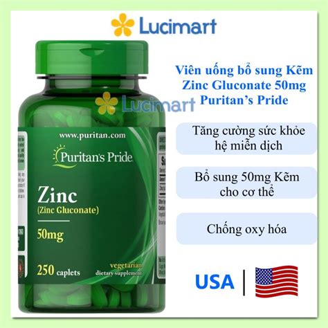 Viên uống bổ sung Kẽm Zinc Gluconate 50mg Puritans Pride hũ 250 viên