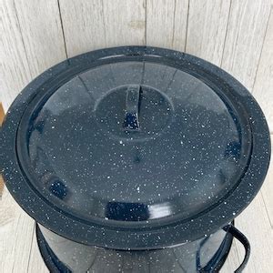 Vintage Dark Blue Speckled Graniteware Enamelware Round Stock Pot