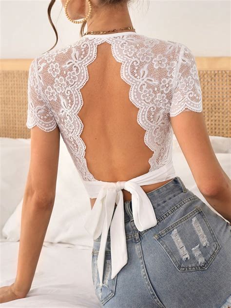 Shein Priv Contrast Lace Tie Backless Crop Tee Shein Uk