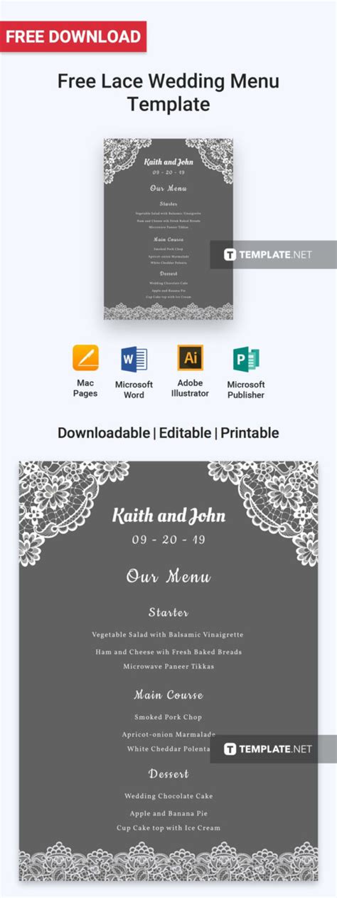 Lace Wedding Menu Template Word | Psd | Apple Pages Within Menu ...