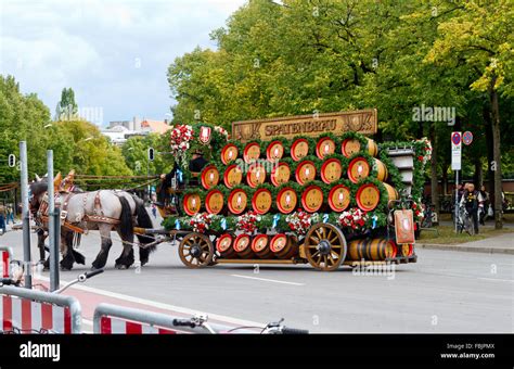 Spatenbrau Horse Drawn Decorated Wagon Loaded With Wooden Beer Barrels