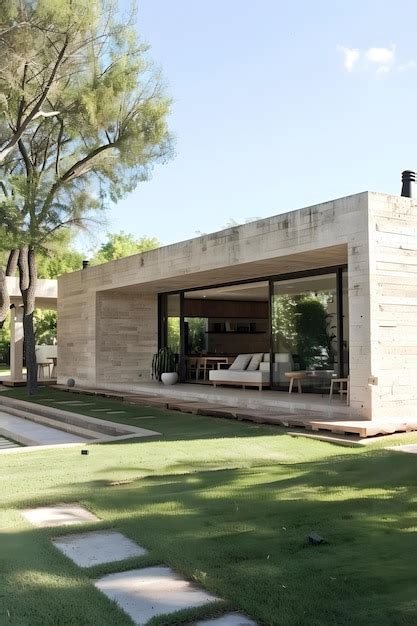 modern minimalist house  stone walls  grass lawn premium ai