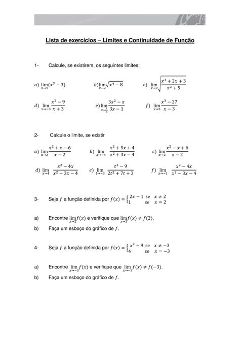 Lista 2 Calculo Lista De Exercícios Limites E Continuidade De