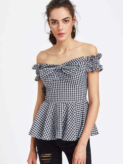 Bow Front Shirred Ruffle Sleeve Gingham Peplum Top Shein Sheinside