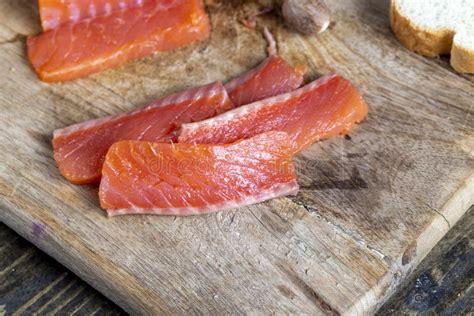 Red Salted Salmon Fish Meat on a Chopping Board Stock Photo - Image of grayling, salmon: 242715348