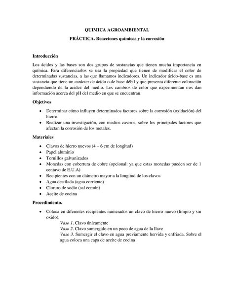 Práctica Corrosión 2 QUIMICA AGROAMBIENTAL PRÁCTICA Reacciones