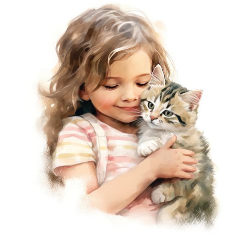 Premium Photo | Watercolor Clipart Little Girl and Kitten Cat