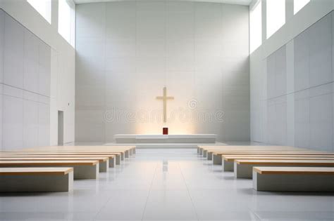 A Modern Minimalist Church Interior with Unadorned Benches Stock Photo ...