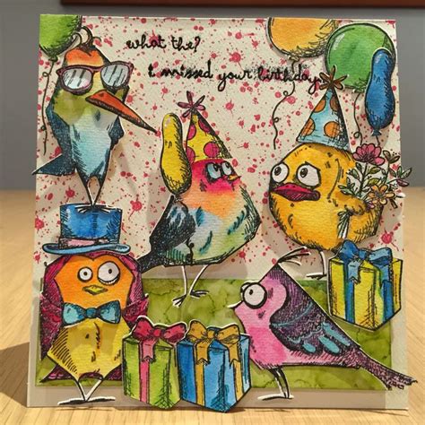 A Birthday Card With Colorful Birds And Presents