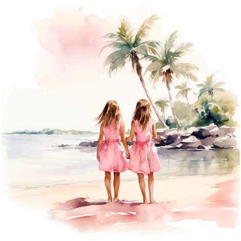 Duas irmãs gêmeas andando na pintura em aquarela de praia Vetor Premium