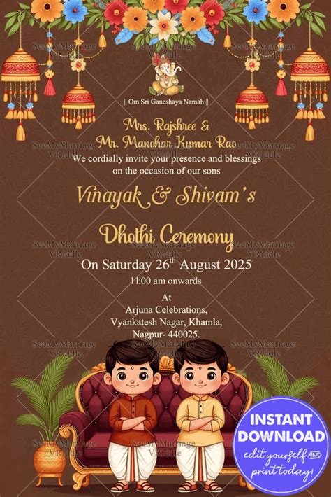 Traditional Dhoti Ceremony Invitation With Floral Hanging Theme