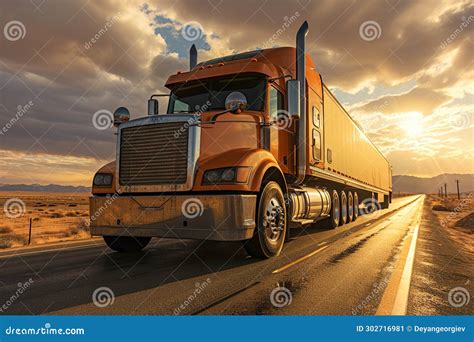 A Large Semi Truck Driving Down A Desert Road At Sunset Stock