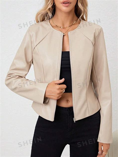 Shein Clasi Cazadora Unicolor Con Cremallera Cuero Pu Mode De Mujer