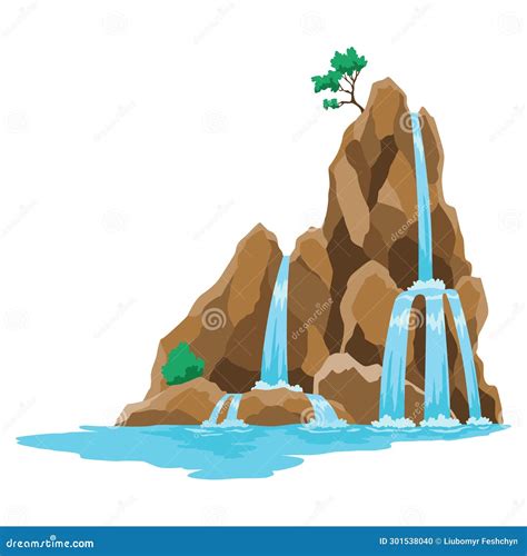 Cartoon River Cascade Waterfall Landscape With Mountains And Trees