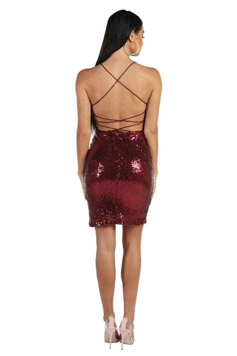 Rio Lace Up Back Sequin Mini Dress Wine Noodz Boutique