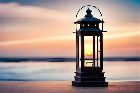 Premium Photo A Lantern On A Pier With The Sun Setting Behind It