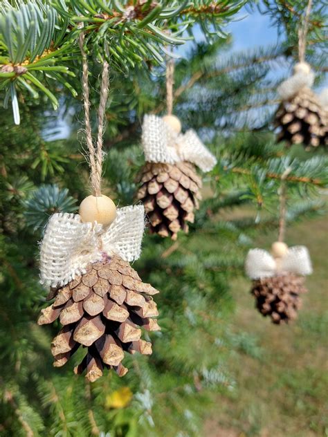 Christmas Decorations, Pine Cone Ornaments With Natural White Burlap, Jute String and Wooden ...