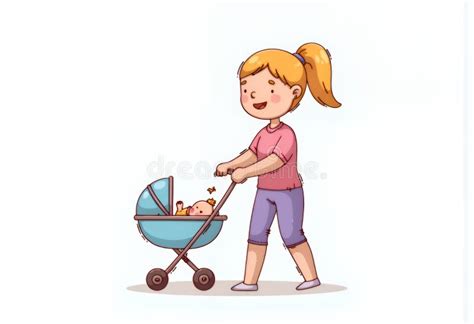 Cheerful Blonde Chibi Character In Korean Style Pushing Baby Stroller
