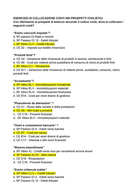 2bis Lezione 28 Esercizi Di Collocazione Conti In CE E SP Civilistici