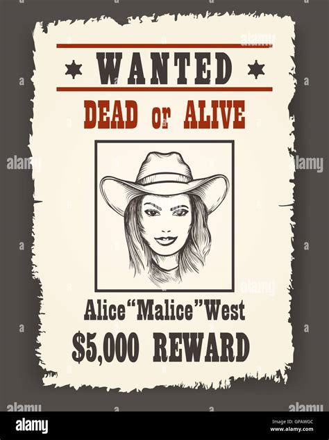 Wanted Poster With Girl Face In Cowboy Hat On Dark Background Drawn In