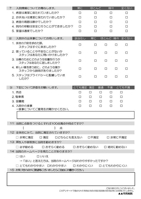 患者満足度調査のアンケート用紙内容・項目について例を用いて簡単にご紹介！ メディカルローグ株式会社