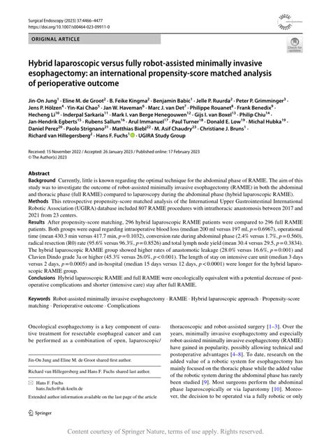 Pdf Hybrid Laparoscopic Versus Fully Robot Assisted Minimally Invasive Esophagectomy An