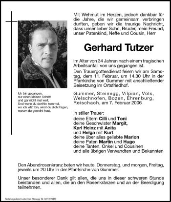 Traueranzeigen Von Gerhard Tutzer Trauer Bz