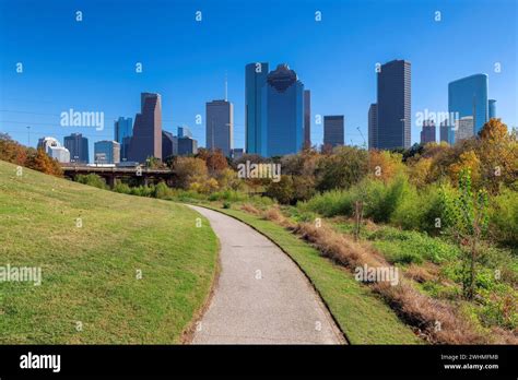 Houston Downtown Skyline In Sunny Autumn Park Houston Texas Stock