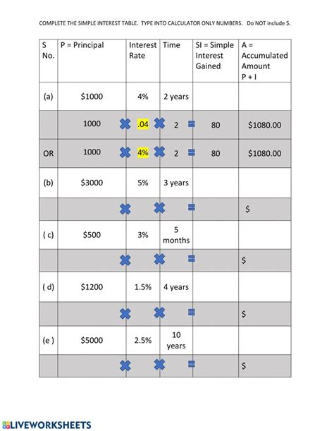 Simple Interest Table Worksheet Live Worksheets 51 Off