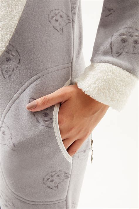 Gray Cute Cat Printed Back Zipper Women Fleece Jumpsuit Pajamas Cat