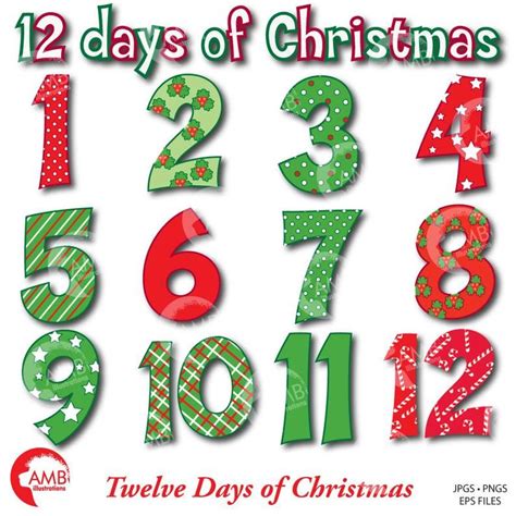 12 Days of Christmas Numbers Clipart in Green and Red Designs