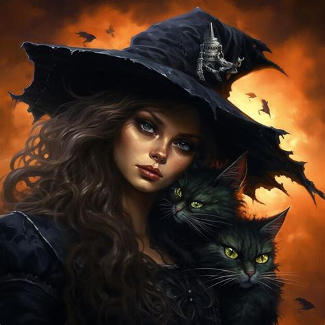 Premium Ai Image Colorful Halloween Witch With Cat