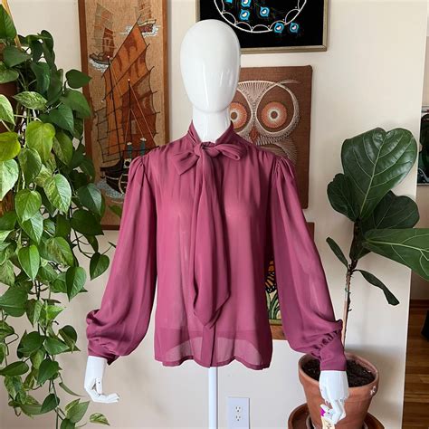 S Vintage MALBE Maroon Sheer Pussy Bow Blouson Sleeve Blouse NEW With