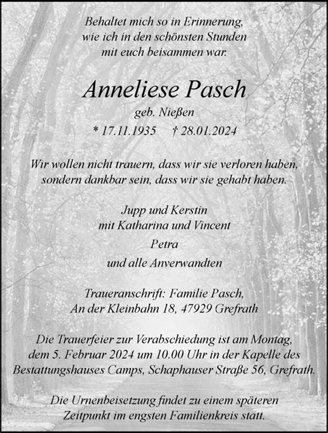 Alle Traueranzeigen für Anneliese Pasch trauer rp online de