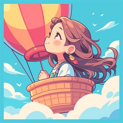 Premium Vector A Reno Girl Goes Hot Air Ballooning In Cartoon Style