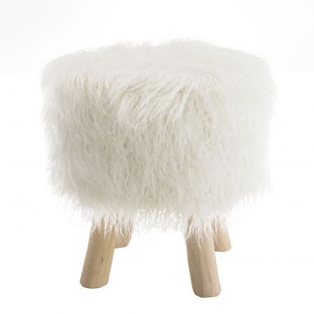 CHARLES Tabouret Rond 40x40cm Peau De Mouton Couleur Ivoire Pieds Bois